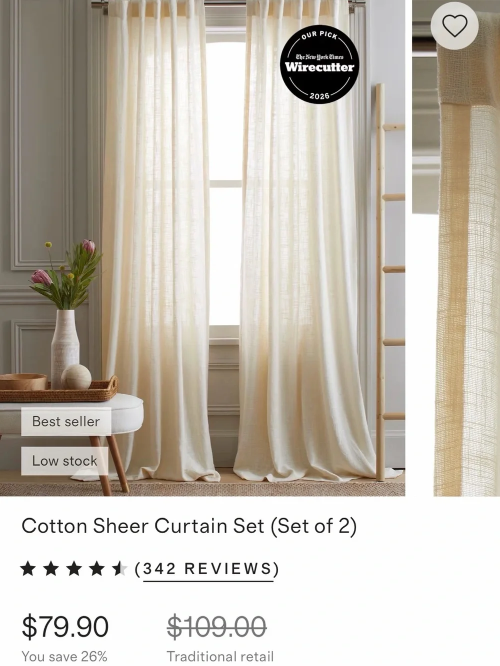 Quince Cotton Sheer Curtain Set of 2 Ivory 48 x 108